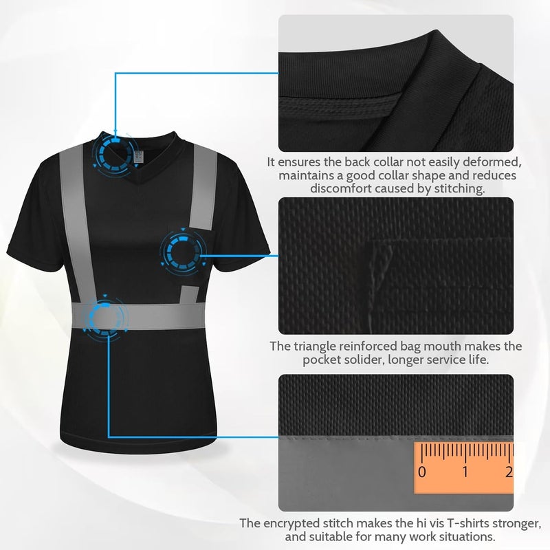 TCCFCCT Class 3 Safety Shirts for Women, Hi Vis Shirts for Women Quick Drying, Safety Shirt for Women Night Working, Night Running, Construction Work, WP-Black-DX L - Image 3